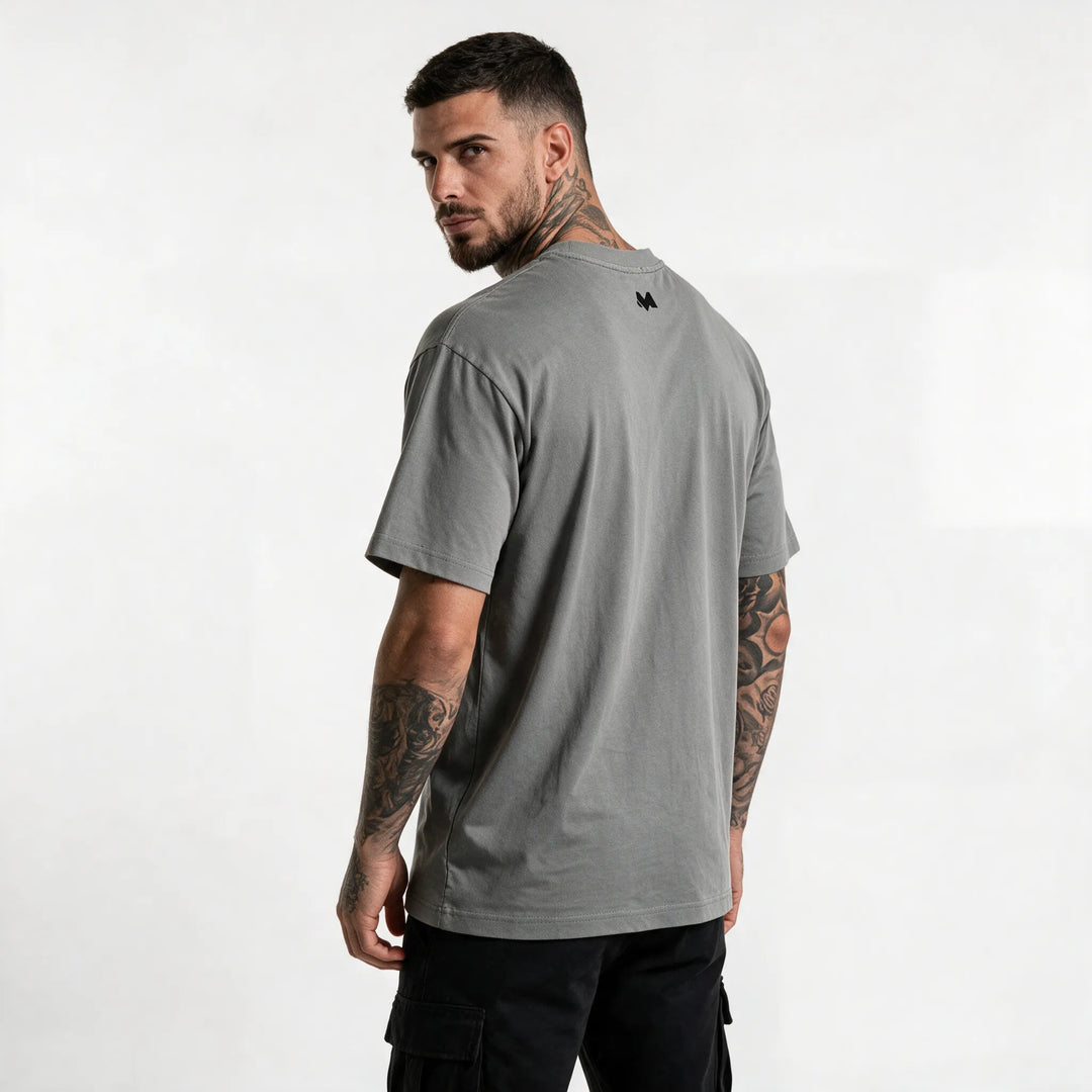 Three-quarter back view of the gray t-shirt