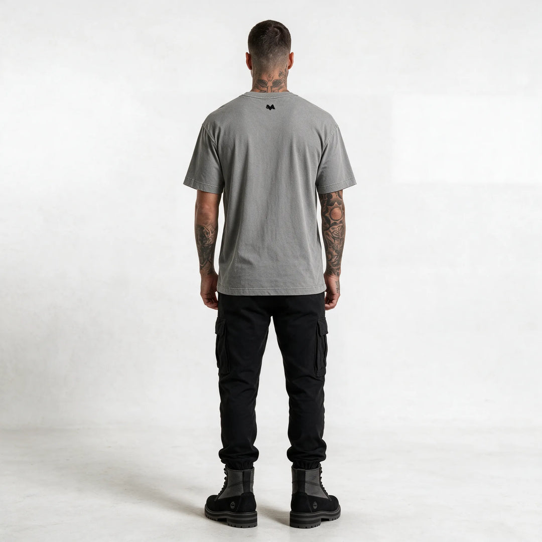 Full-length back view of the gray relaxed fit t-shirt