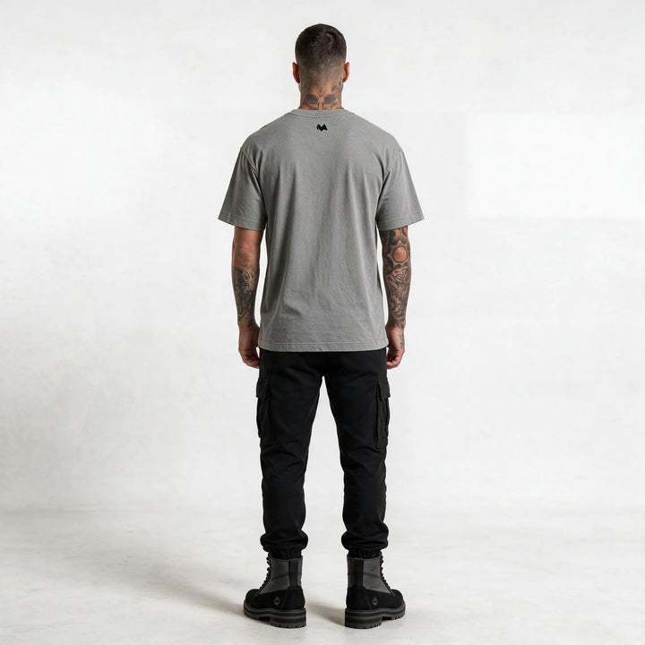 Full-length back view of the gray relaxed fit t-shirt