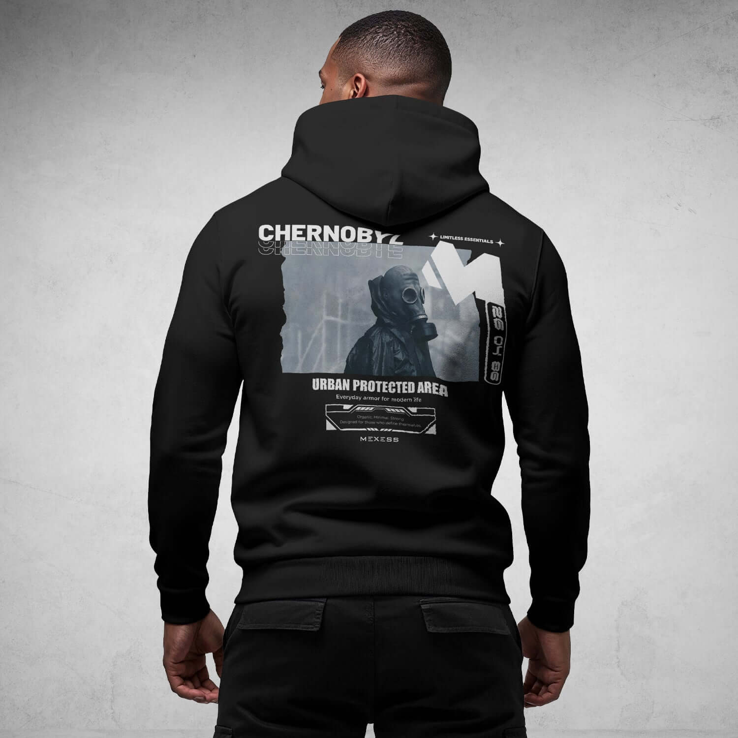 MEXESS black streetwear hoodie with Chernobyl graphic and urban protected area design on back