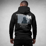 MEXESS black streetwear hoodie with Chernobyl graphic and urban protected area design on back