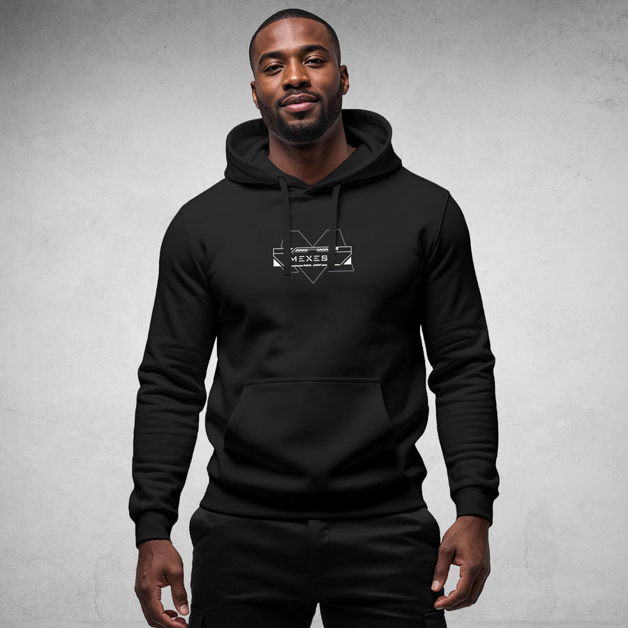 MEXESS black streetwear hoodie with front logo pocket and adjustable drawstring hood