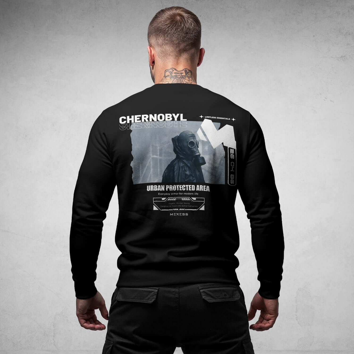 MEXESS Organic Cotton Sweatshirt in black with Chernobyl graphic and urban protected area design on back