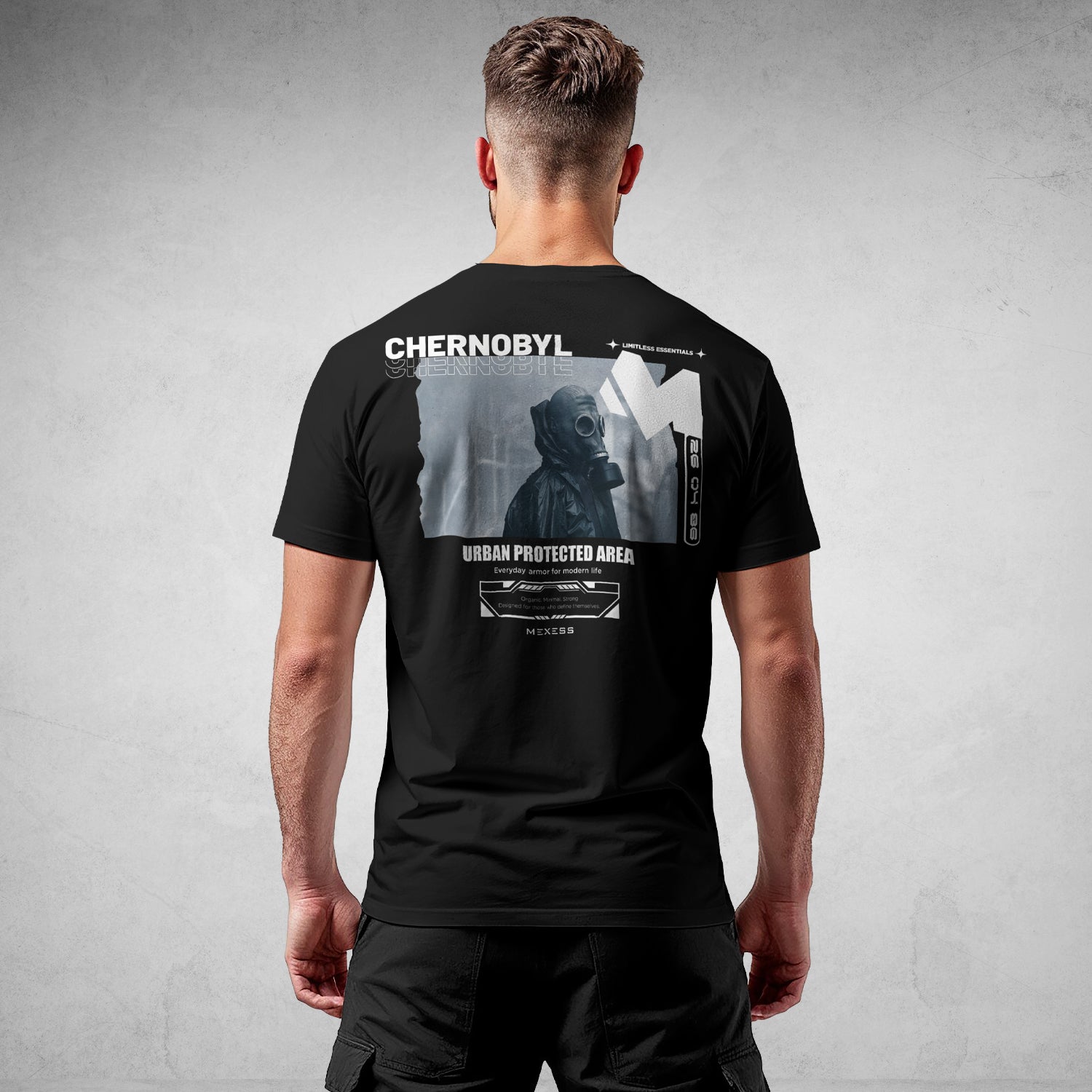MEXESS black urban style organic shirt with Chernobyl graphic and gas mask design on back
