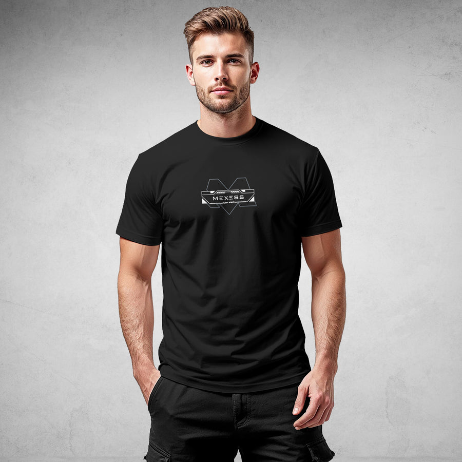 MEXESS black T-shirt featuring urban style organic shirt design worn by male model against gray background