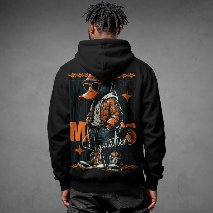 Alt Tag: Iconic Streetwear Hoodie DR669 black organic cotton hoodie back view with bold duck character graphic streetwear design