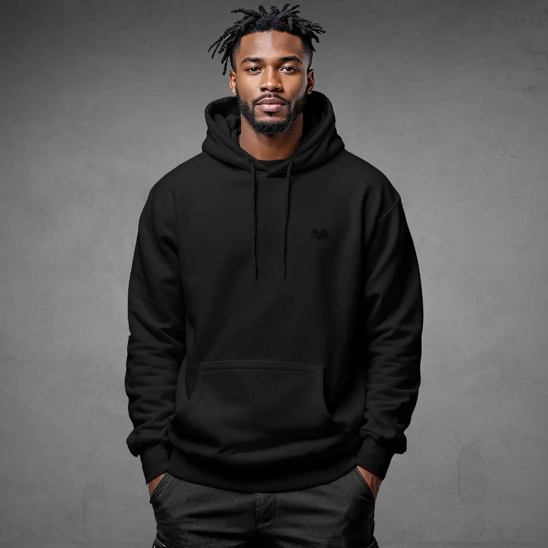 Alt Tag: Iconic Streetwear Hoodie DR669 black organic cotton pullover hoodie for men, front view model wearing streetwear sweatshirt