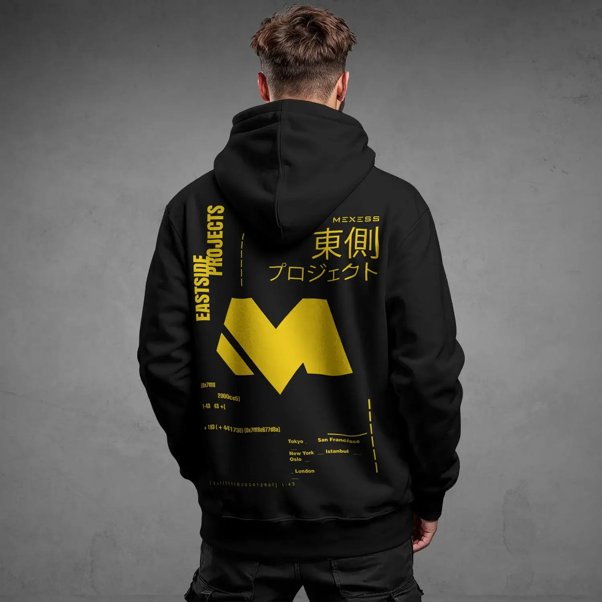 Back view of Iconic Streetwear Hoodie DR685 with bold graphics, a perfect representation of modern streetwear hoodie culture by MEXESS.