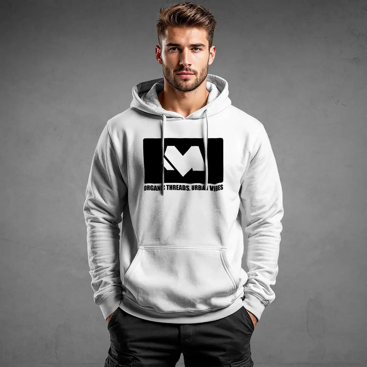 Model wearing Iconic Streetwear Hoodie DR686 with bold minimal logo, embodying urban clothing culture for men. streetwear hoodie