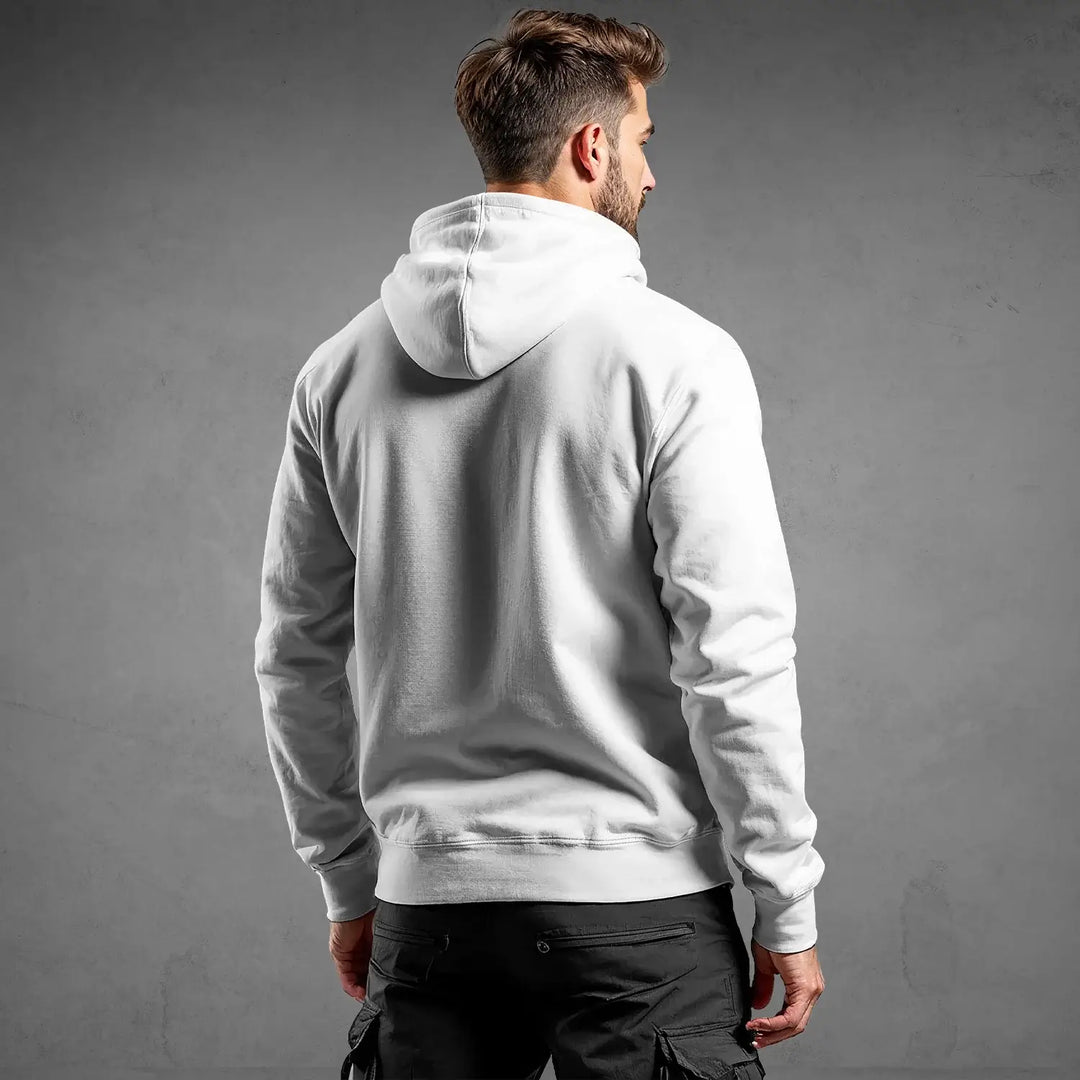Back view of a man wearing a white streetwear hoodie DR686 showcasing urban minimalist design by MEXESS.