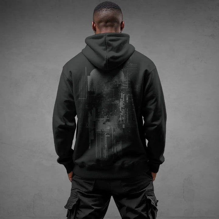 Alt Tag: streetwear hoodie Iconic Streetwear Hoodie DR682 back view with architectural graphic, black minimalist urban design