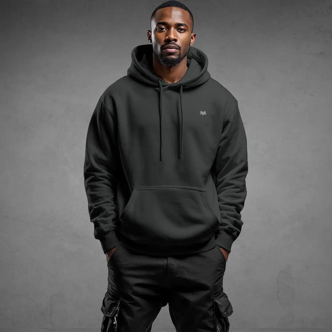 streetwear hoodie Iconic Streetwear Hoodie DR682 black pullover with hood and front pocket, minimalist urban style
