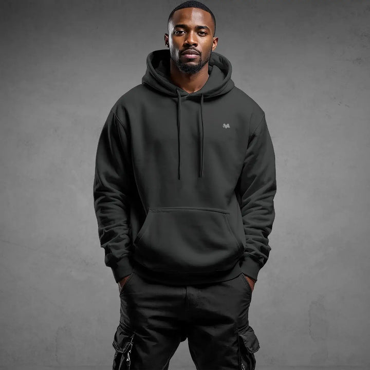 streetwear hoodie Iconic Streetwear Hoodie DR682 black pullover with hood and front pocket, minimalist urban style