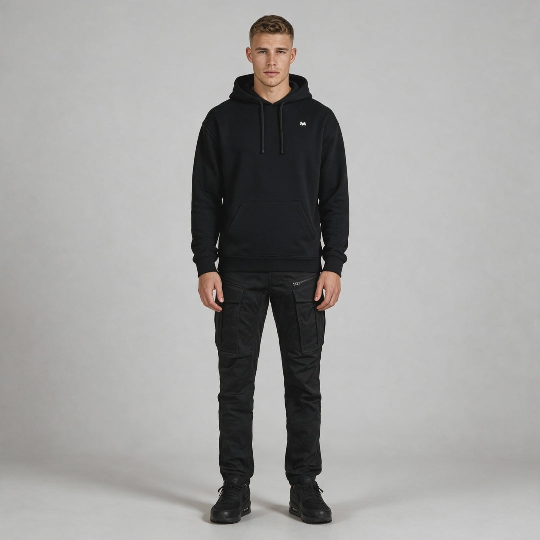 Video of the black floral hoodie for men with a monochrome flower back print