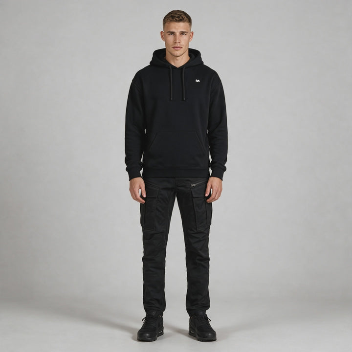 Video of the black floral hoodie for men with a monochrome flower back print