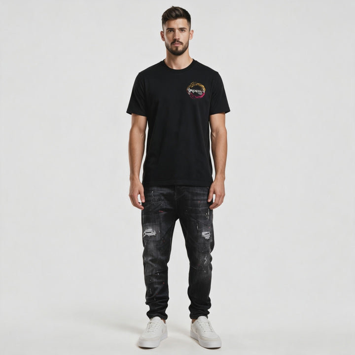 Video of the black organic cotton t-shirt with a rose back print