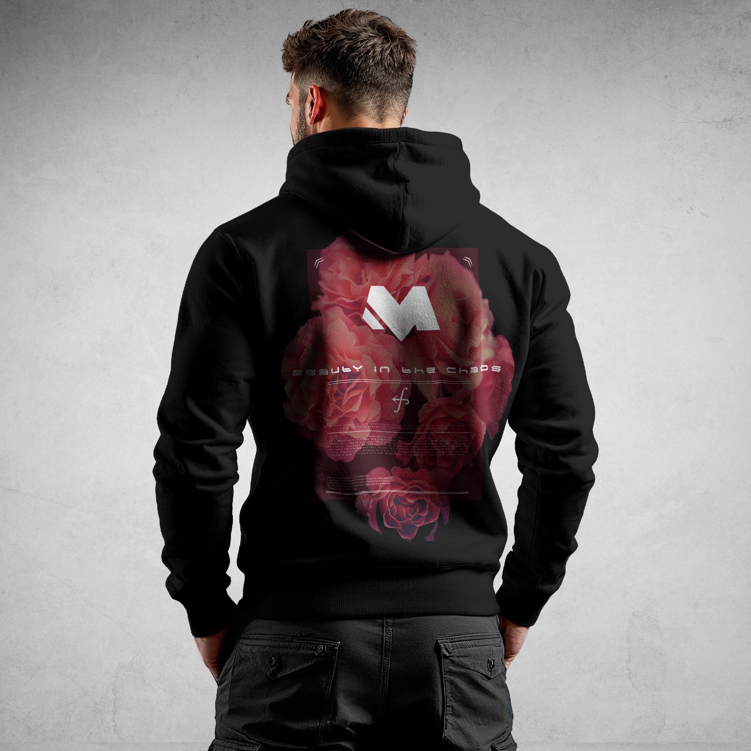 MEXESS Men's Streetwear Hoodie black back view featuring large red rose graphic with fitted hood and slim fit