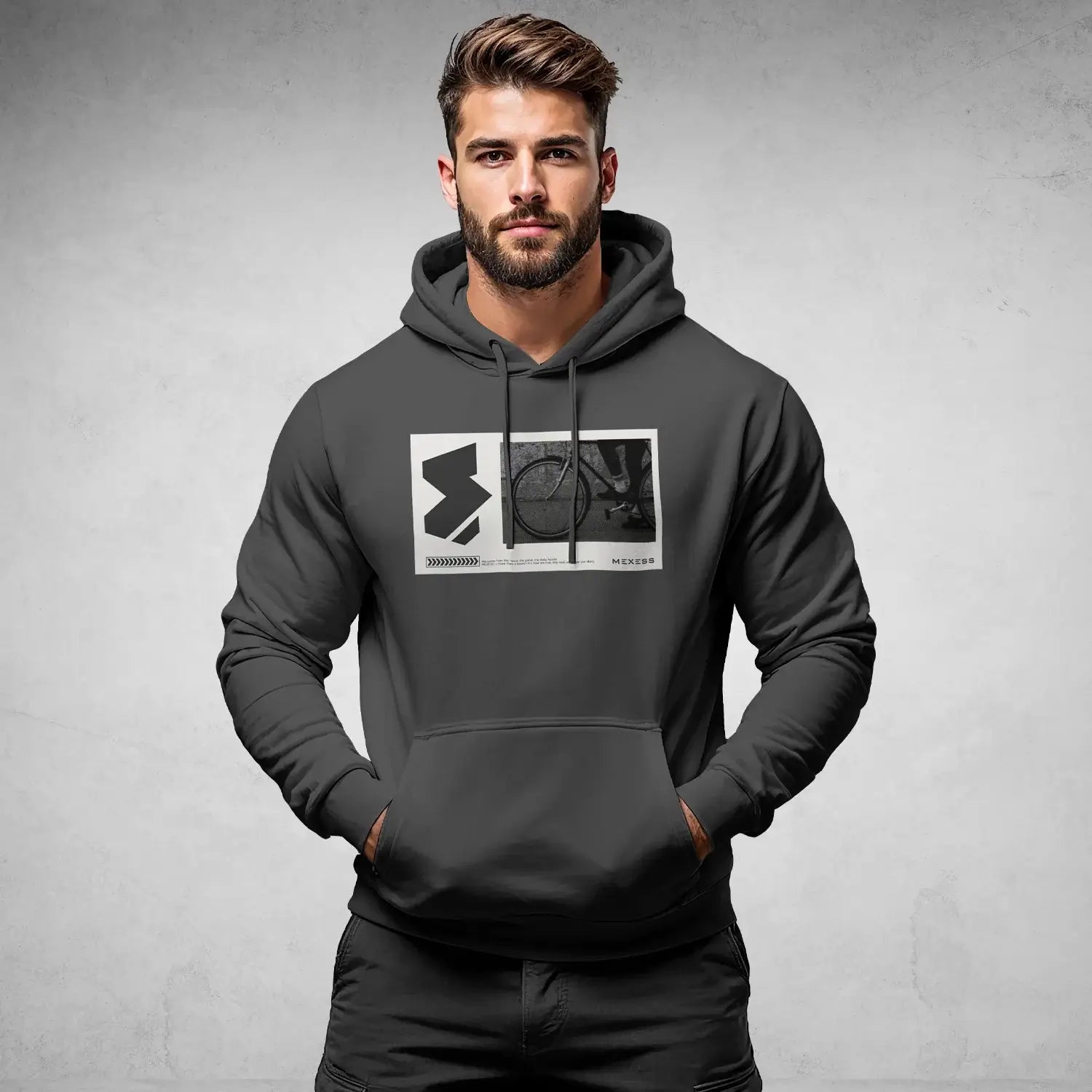 Man wearing iconic streetwear hoodie DR696 by MEXESS featuring bold graphic design, inspired by Amsterdam urban clothing culture.