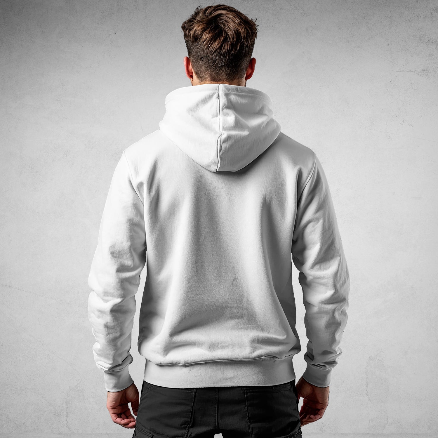 MEXESS Men's Streetwear Hoodie white back view on model relaxed fit ribbed cuffs casual street style