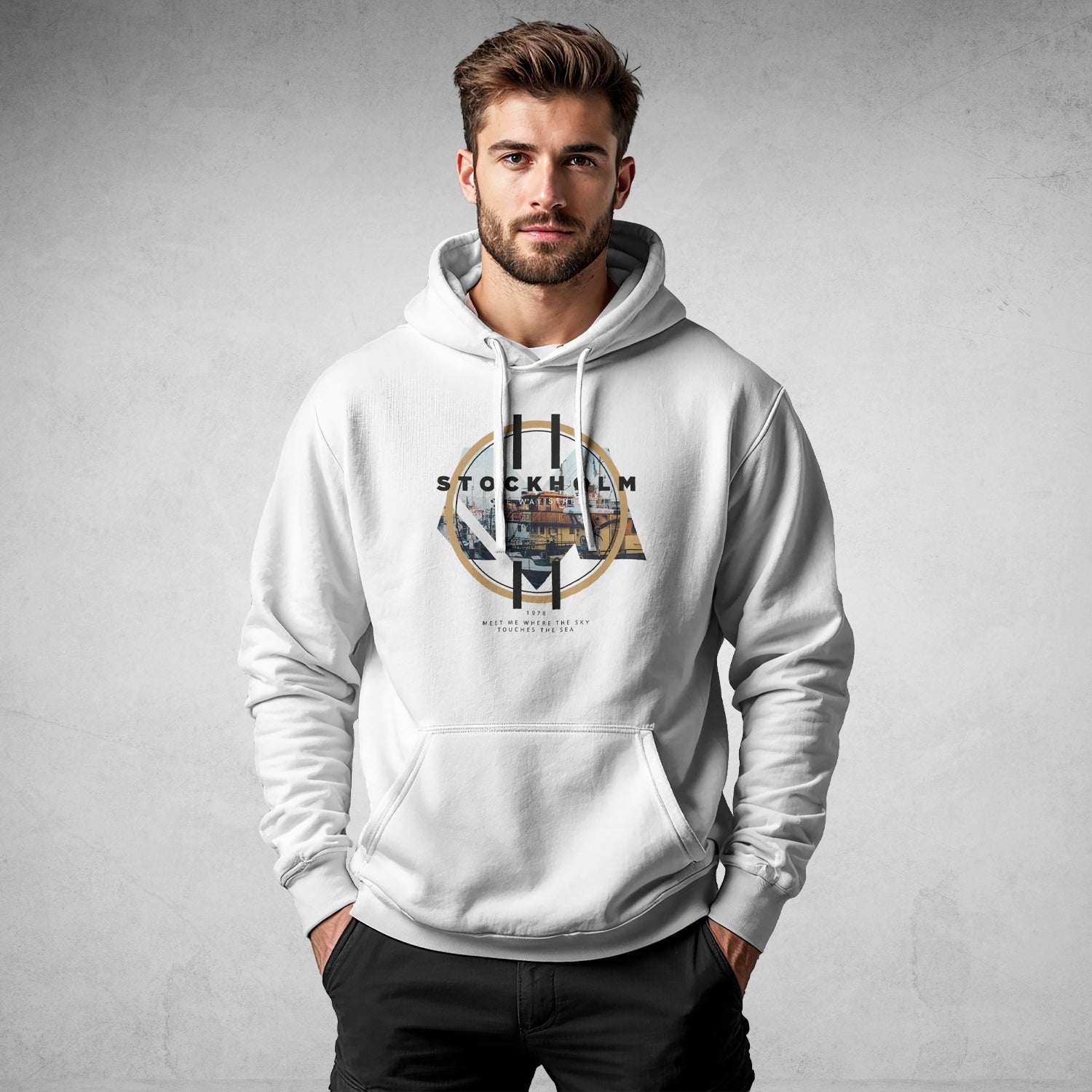 MEXESS Men's Streetwear Hoodie white pullover with Stockholm graphic print hood and kangaroo pocket on model