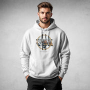MEXESS Men's Streetwear Hoodie white pullover with Stockholm graphic print hood and kangaroo pocket on model